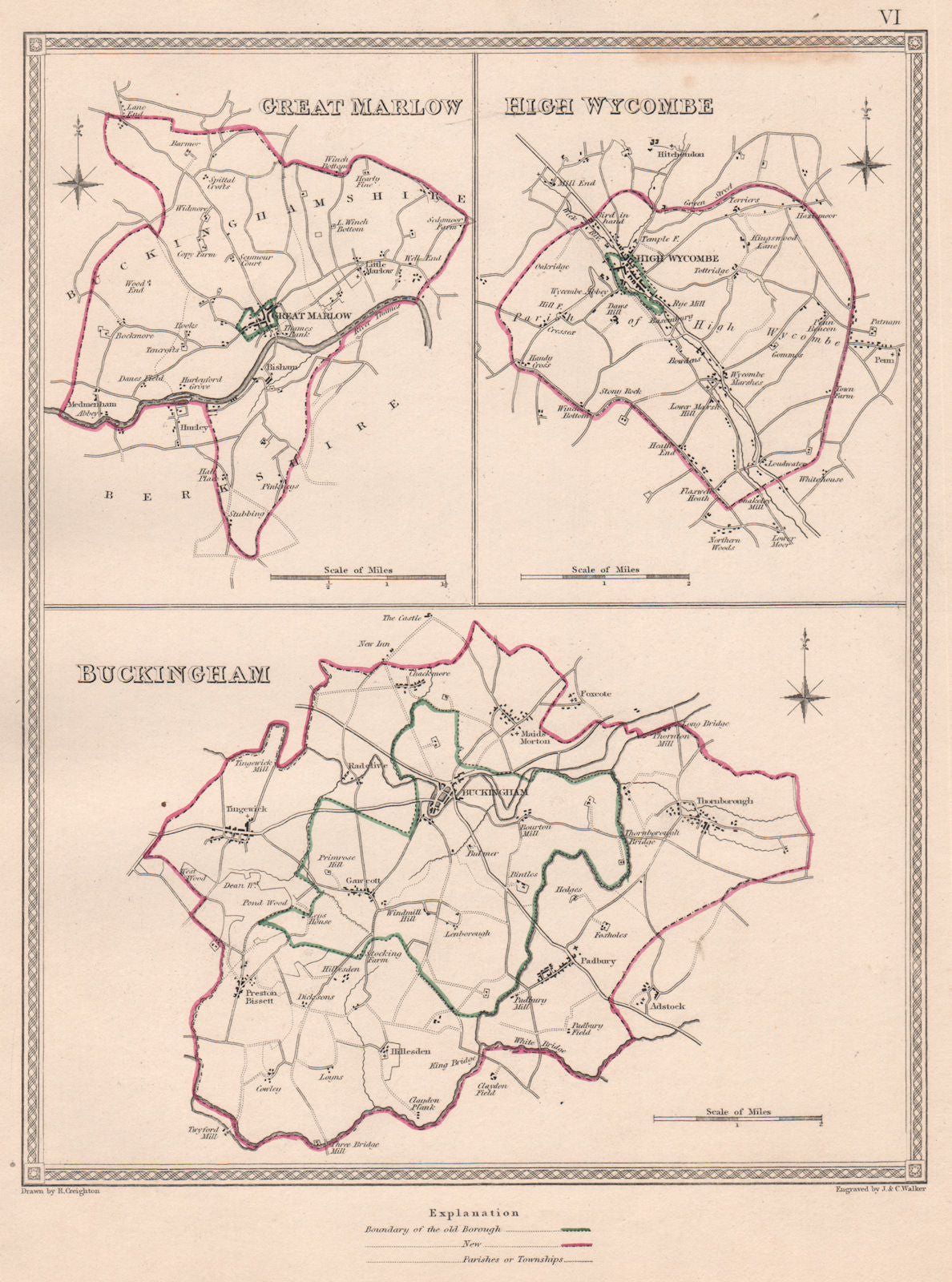 BUCKINGHAMSHIRE TOWNS. Marlow High Wycombe Buckingham.CREIGHTON/WALKER 1835 map